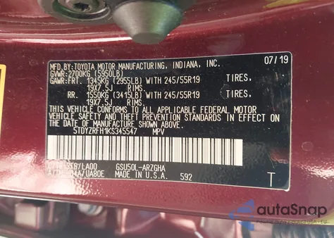 2019 Toyota Highlander Limited Platinum from USA, damaged, VIN 5TDYZRFH1KS345547